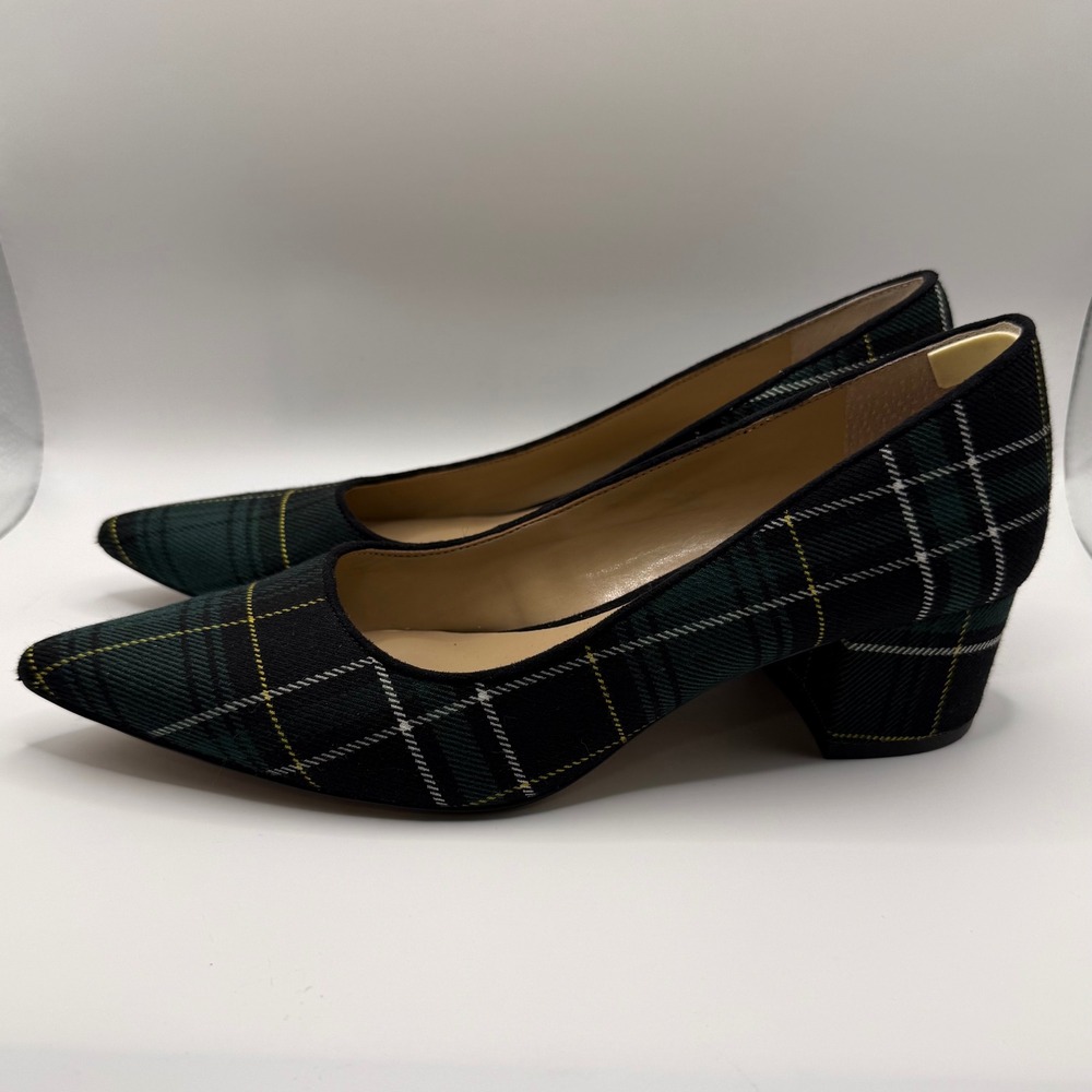 Ann Taylor Plaid Block Heel Pumps Womens 7M Green Navy Blue Good Pointed Toe